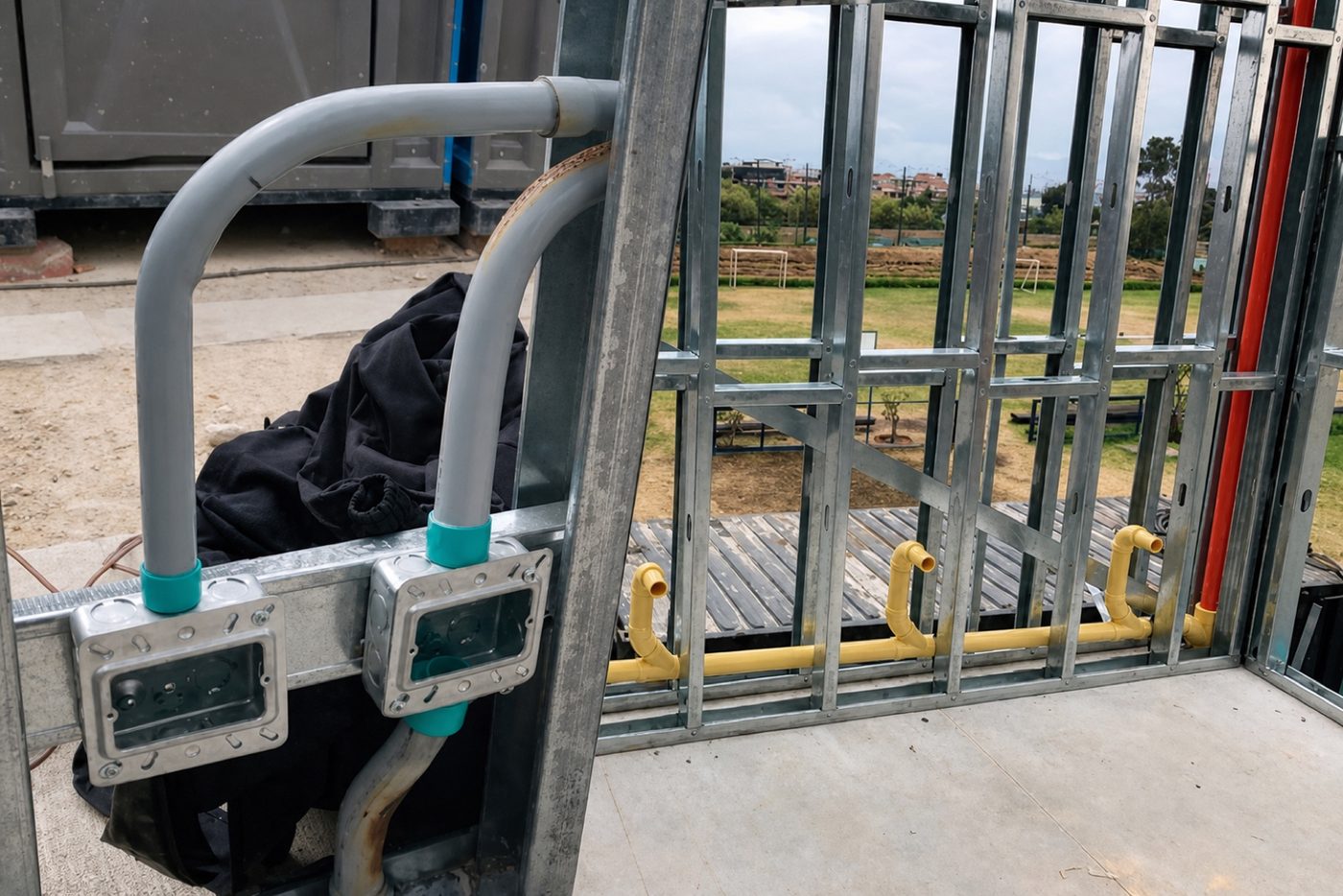 Redes húmedas y secas instaladas dentro de los muros de una casa en steel framing
