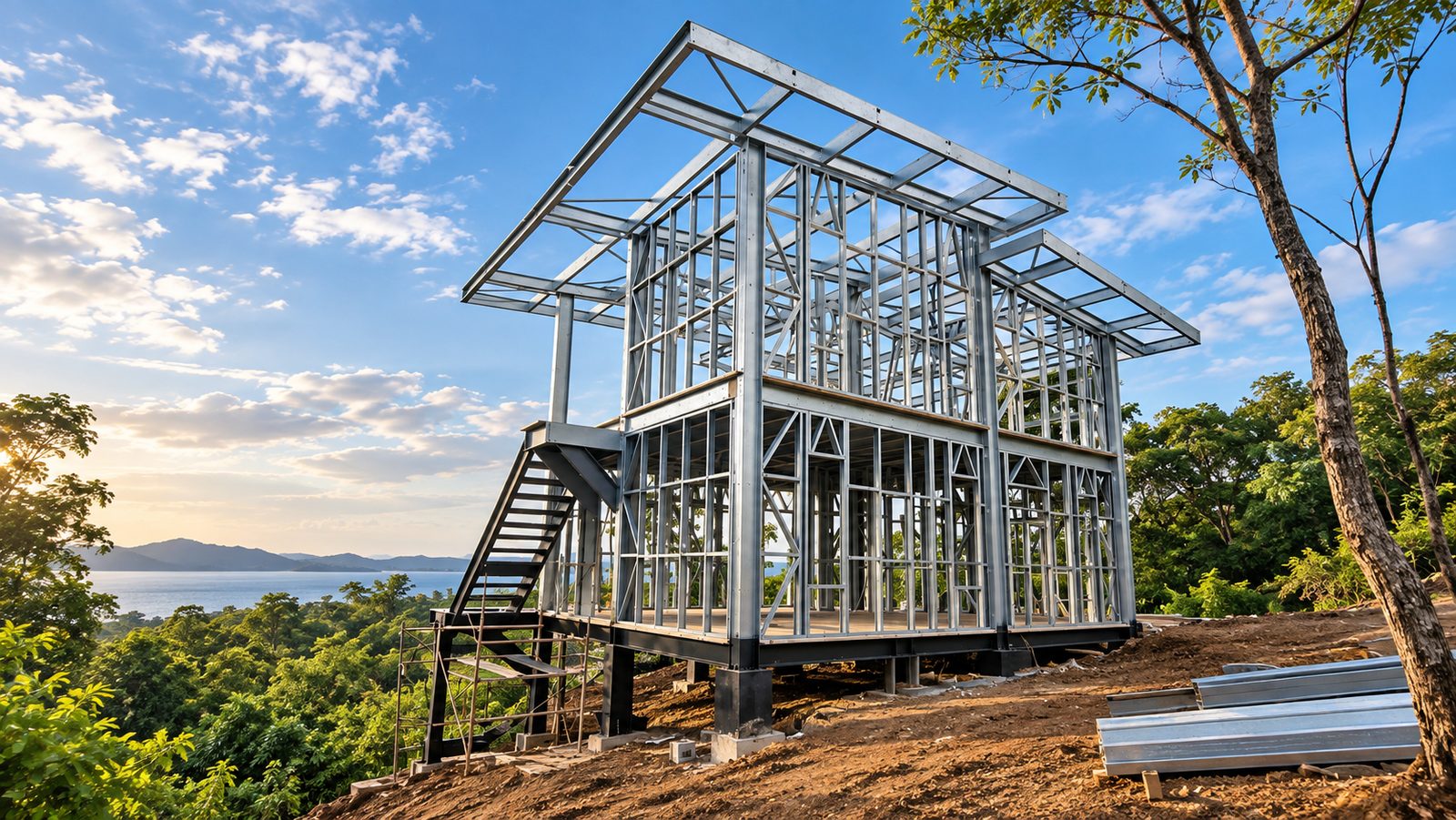 Estructura completa de una vivienda de dos niveles en steel framing sobre lote en ladera, con perfiles de acero galvanizado y cubierta